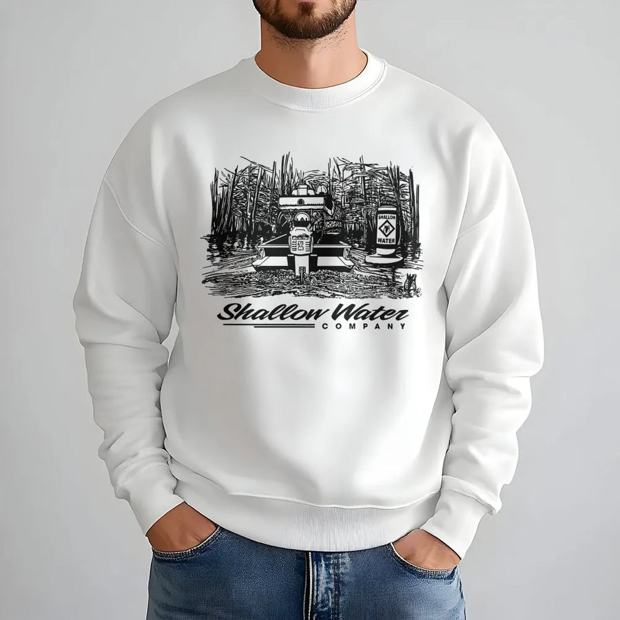 Shallow Water Sweatshirt | Swamp Boat Marsh Graphic | Premium Cotton Blend Crewneck | Outdoorsman Duck Hunting Gift For Men And Women