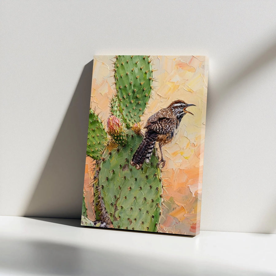 Cactus Wren Canvas Wall Art | Textured Bird Painting Style Print | Thick Gallery Wrap Canvas | Southwestern Desert Decor Gift for Nature Lover