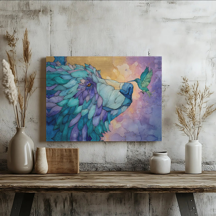 Bear and Hummingbird Wall Art | Watercolor Wildlife Canvas Print | Premium Gallery Wrapped Decor | Nature Lover Gift Idea