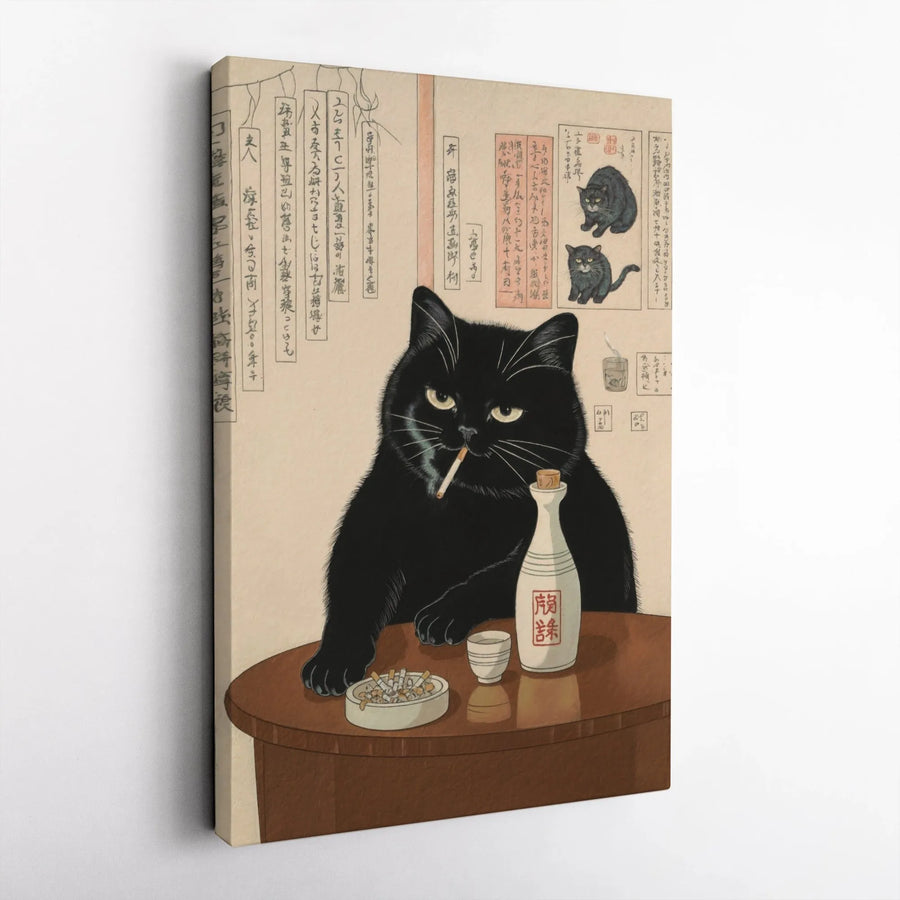 Japanese Black Cat Art Canvas | Smoking Cat Ukiyo-E Wall Decor | Premium Gallery Wrap Print | Unique Gift for Cat Lovers & Otaku
