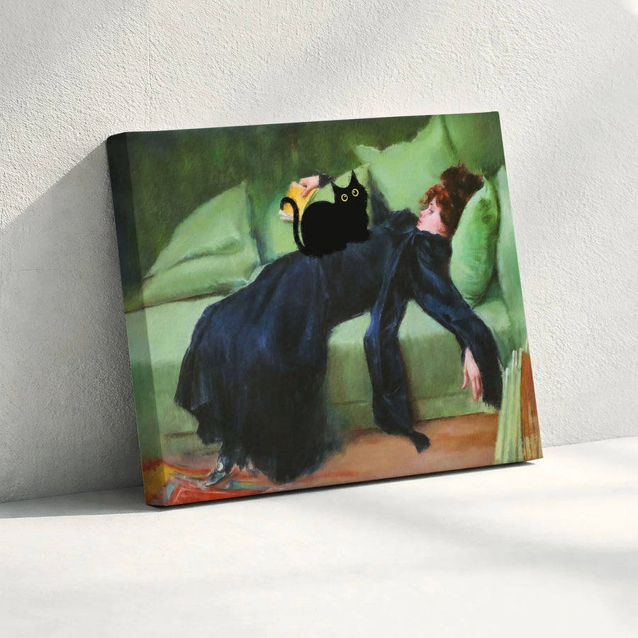 Black Cat on Green Divan Canvas Art | Whimsical Altered Classical Painting | Premium Gallery Wrap Wall Decor | Unique Cat Lover Gift Idea