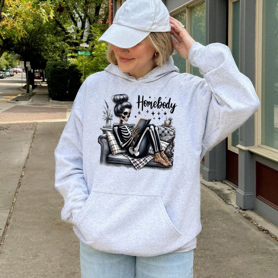 Homebody Skeleton Hoodie | Reading Book Skeleton Graphic | Premium Cotton Blend Sweatshirt | Cozy Gift for Book Lovers and Introverts
