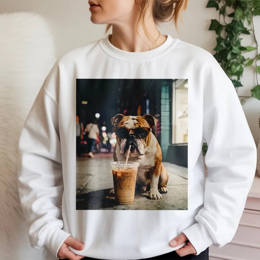 Funny Bulldog Sweatshirt | Dog Drinking Iced Coffee with Sunglasses | Premium Cotton Blend | Gift for Bulldog Owner & Dog Lovers