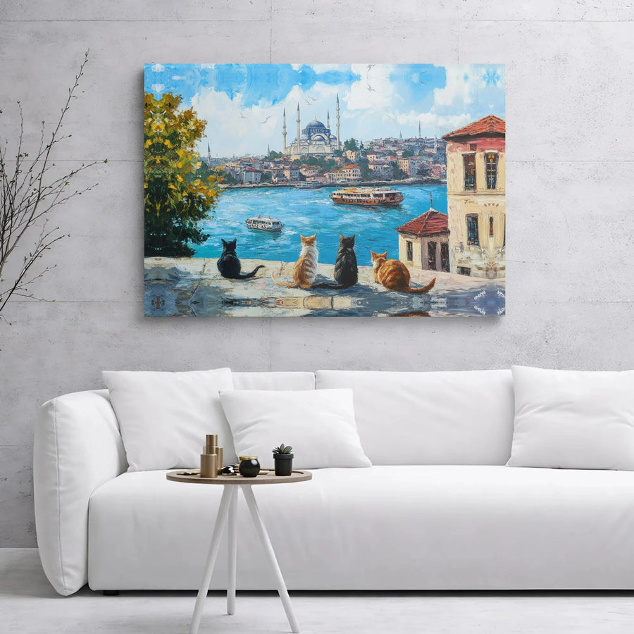 Istanbul Cityscape Canvas Print | Cats Overlooking Bosphorus Oil Painting Style | 1.25 Inch Gallery Wrap Wall Art | Travel & Cat Lover Gift