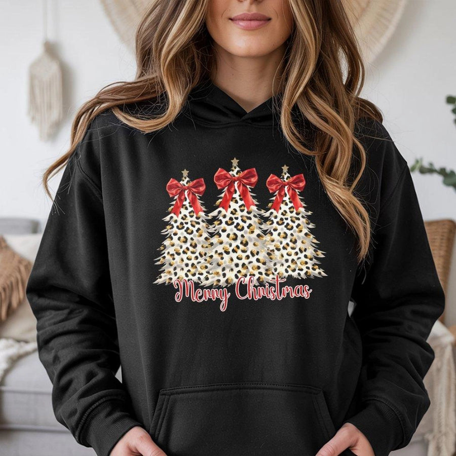 Leopard Print Christmas Tree Hoodie | Merry Christmas Bow Graphic | Soft Cotton-Polyester Blend | Trendy Holiday Gift for Women and Men