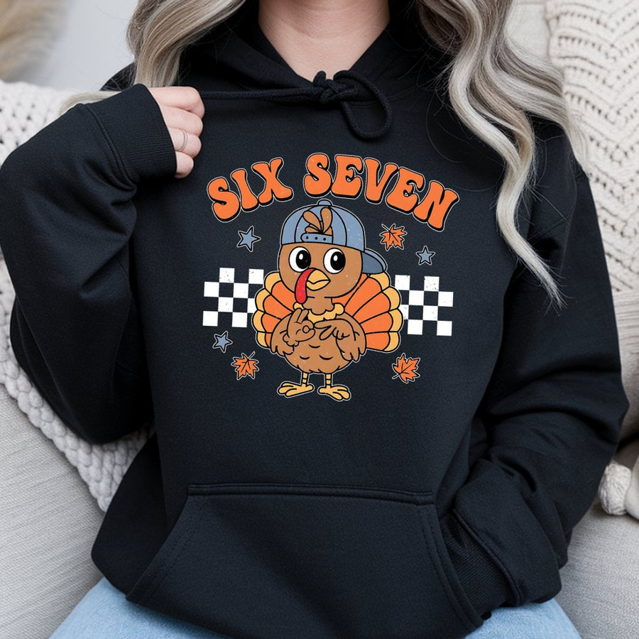 Six Seven Turkey Hoodie | Retro Thanksgiving Apparel | Soft Cotton Blend | Funny Fall Graphic Sweatshirt Gift for Kids & Teens