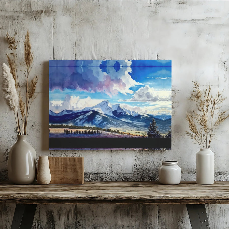 Snowy Mountain Landscape Canvas | Watercolor Peak Wall Art | Premium Gallery Wrap Print | Modern Nature Decor for Office or Living Room