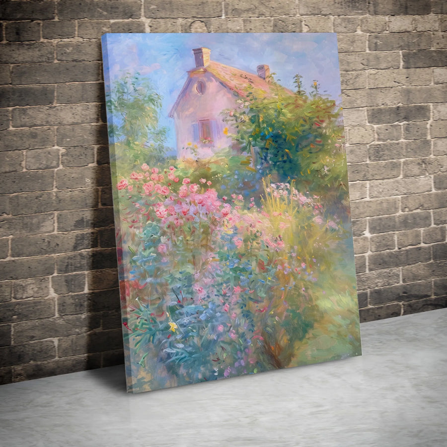 Cottage Garden Canvas Wall Art | Impressionist Country House Painting | Premium Thick Gallery Wrap | Farmhouse Living Room Decor Gift