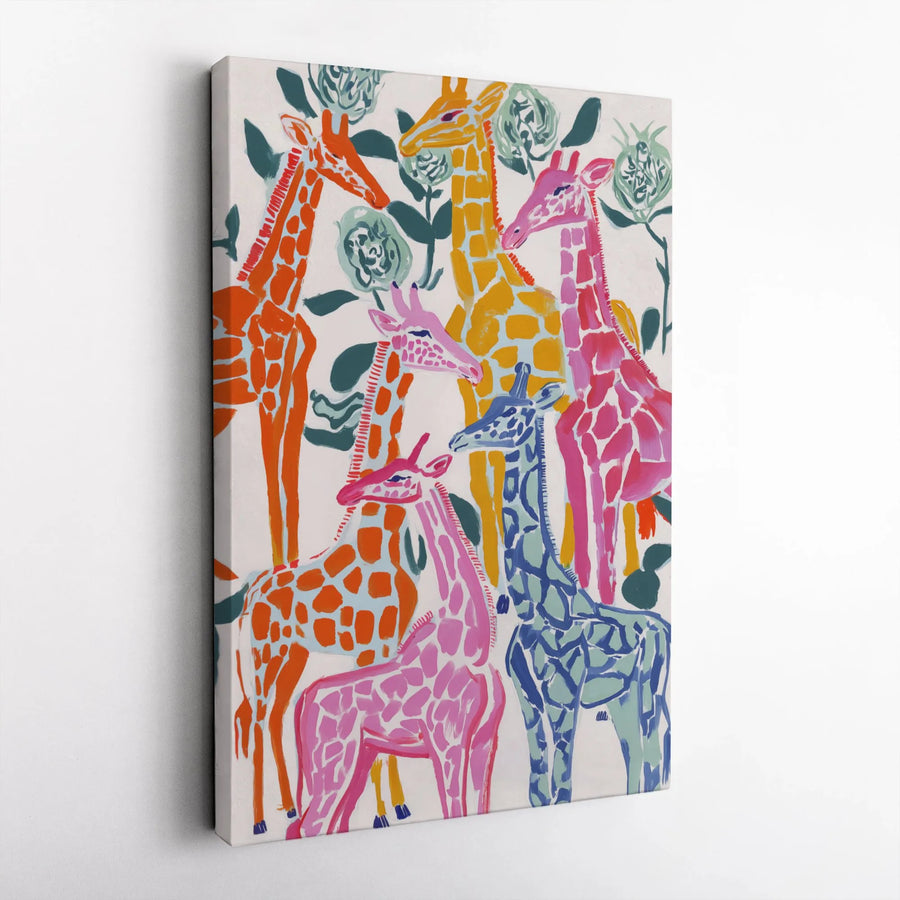 Colorful Giraffe Family Wall Art | Vibrant Abstract Safari Canvas Print | 1.25-Inch Gallery Wrap | Modern Nursery or Living Room Decor Gift