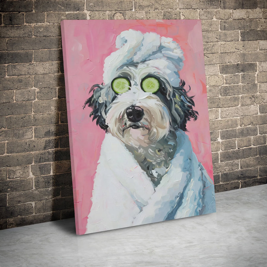 Dog Spa Day Canvas Wall Art | Funny Pet Painting with Cucumber Slices | Premium Gallery Wrap Decor | Gift for Dog Lovers & Bathroom Wall