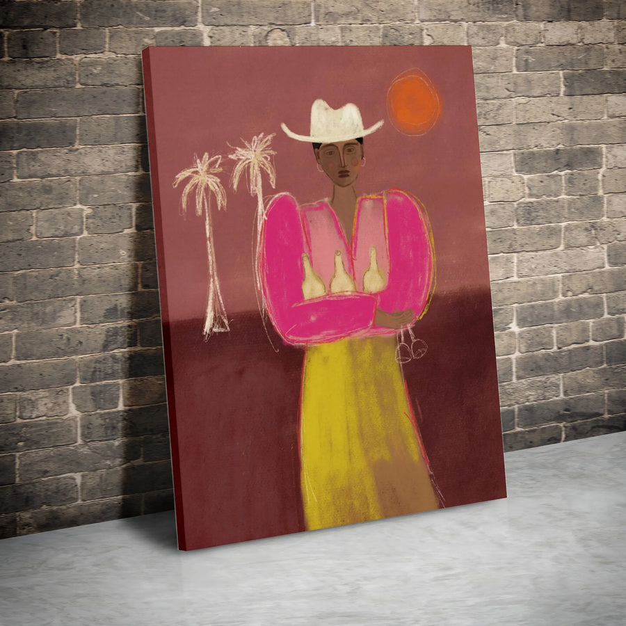 Boho Cowboy Woman Canvas Art | Abstract Wine Lover Wall Decor | Premium Gallery Wrap Print | Modern Western Home Decor Gift