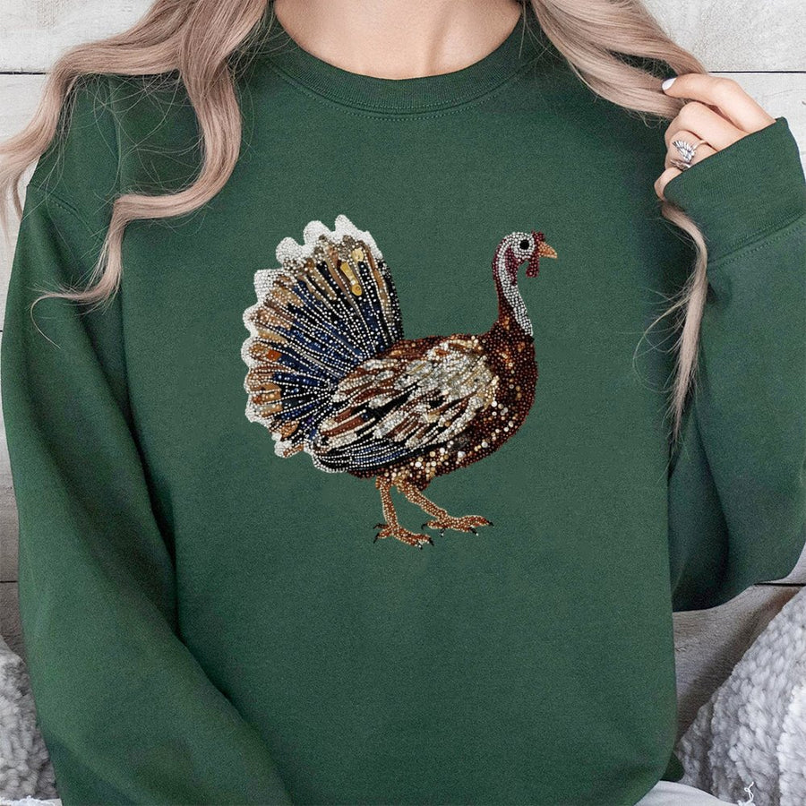 Turkey Sweatshirt | Beaded Style Thanksgiving Bird Graphic | Premium Cotton Blend Crewneck | Fall Seasonal Gift For Men And Women