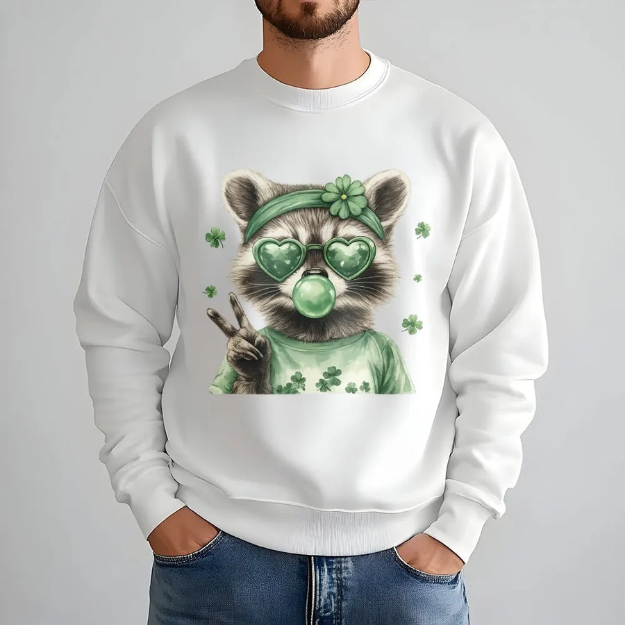 St Patrick's Day Raccoon Sweatshirt | Peace Sign Bubble Gum Design | Premium Cotton Blend | Funny Irish Gift for Men and Women