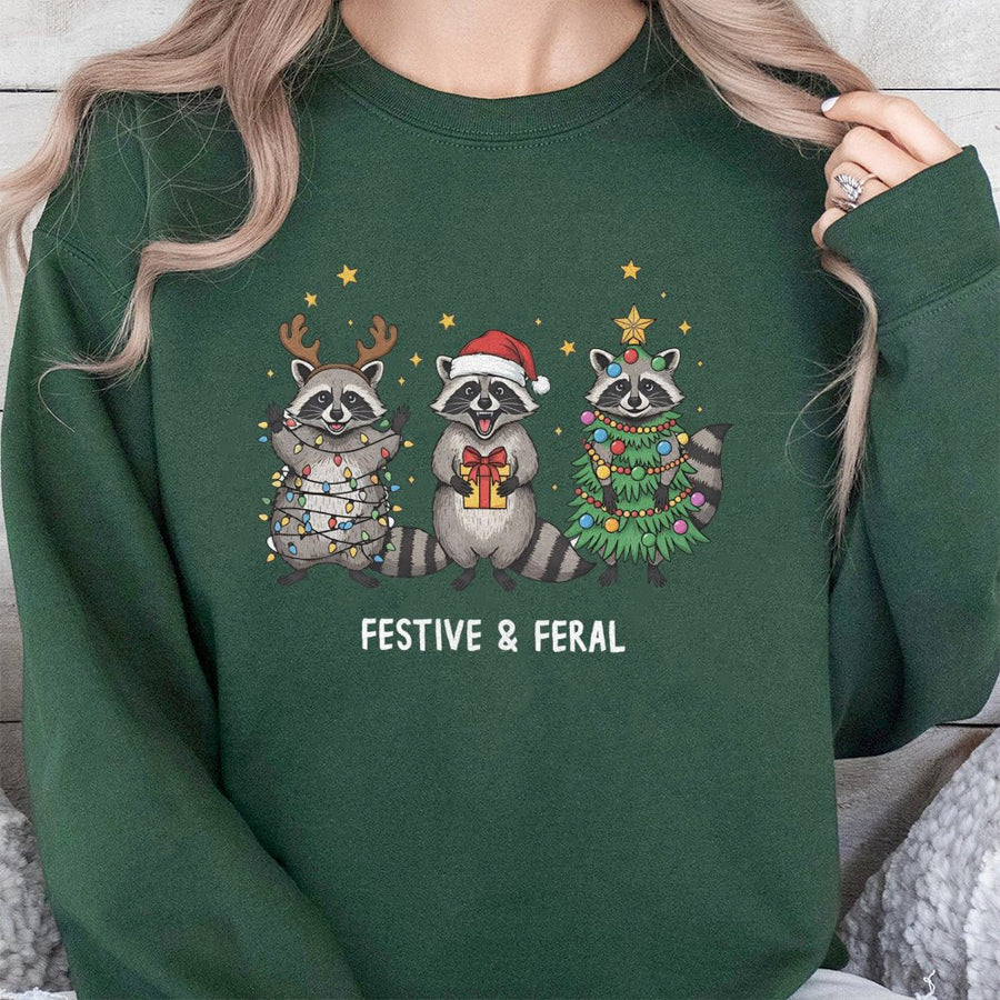 Festive & Feral Raccoon Sweatshirt | Funny Christmas Holiday Graphic Tee | Premium Cotton Blend | Gift for Animal Lovers & Trash Panda Fans