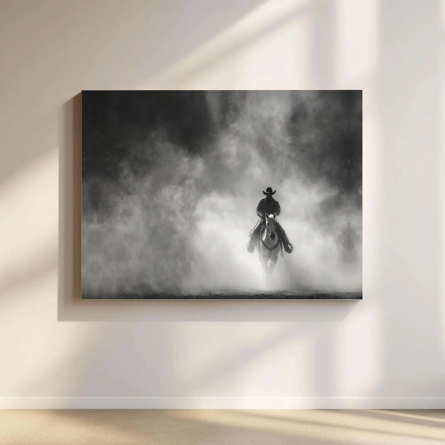 Lone Cowboy Wall Art | Black and White Western Horse Portrait | Premium Gallery Wrapped Canvas | Rustic Southwestern Home Decor Gift