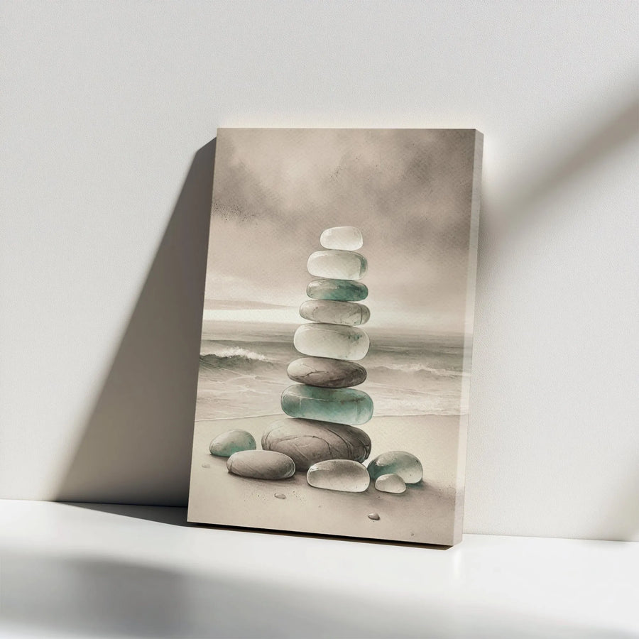 Zen Stacked Stones Canvas Wall Art | Minimalist Coastal Rock Cairn Painting | Premium Gallery Canvas | Spa & Bathroom Wall Decor Gift