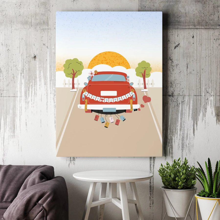 Just Married Getaway Car Canvas Wall Art | Retro Wedding Illustration | Premium Gallery Quality Print | Unique Wedding Gift for Newlyweds