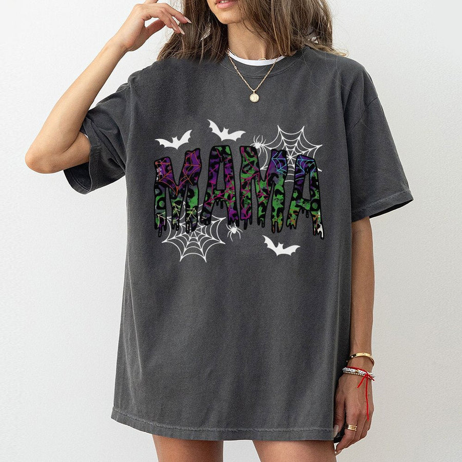 Halloween Mama T-Shirt | Spooky Spiderweb Leopard Print Design | 100% Premium Cotton | Cute Fall Gift for Mom and Trending Holiday Outfit