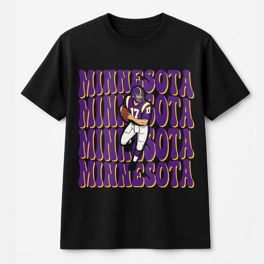 Minnesota Repeating Retro Text With A Minnesota Vikings Football Player Graphic T-Shirt