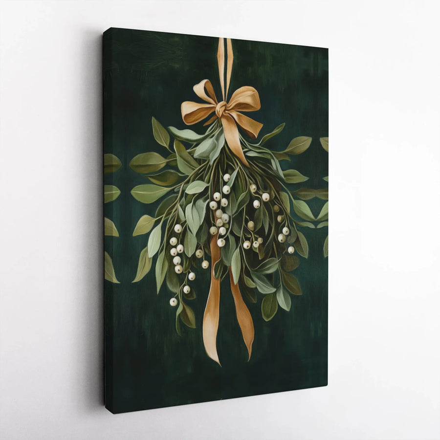 Mistletoe Wall Art Canvas | Festive Botanical Painting with Gold Bow | Premium Gallery-Wrapped Fade-Resistant Print | Elegant Christmas Holiday Home Decor