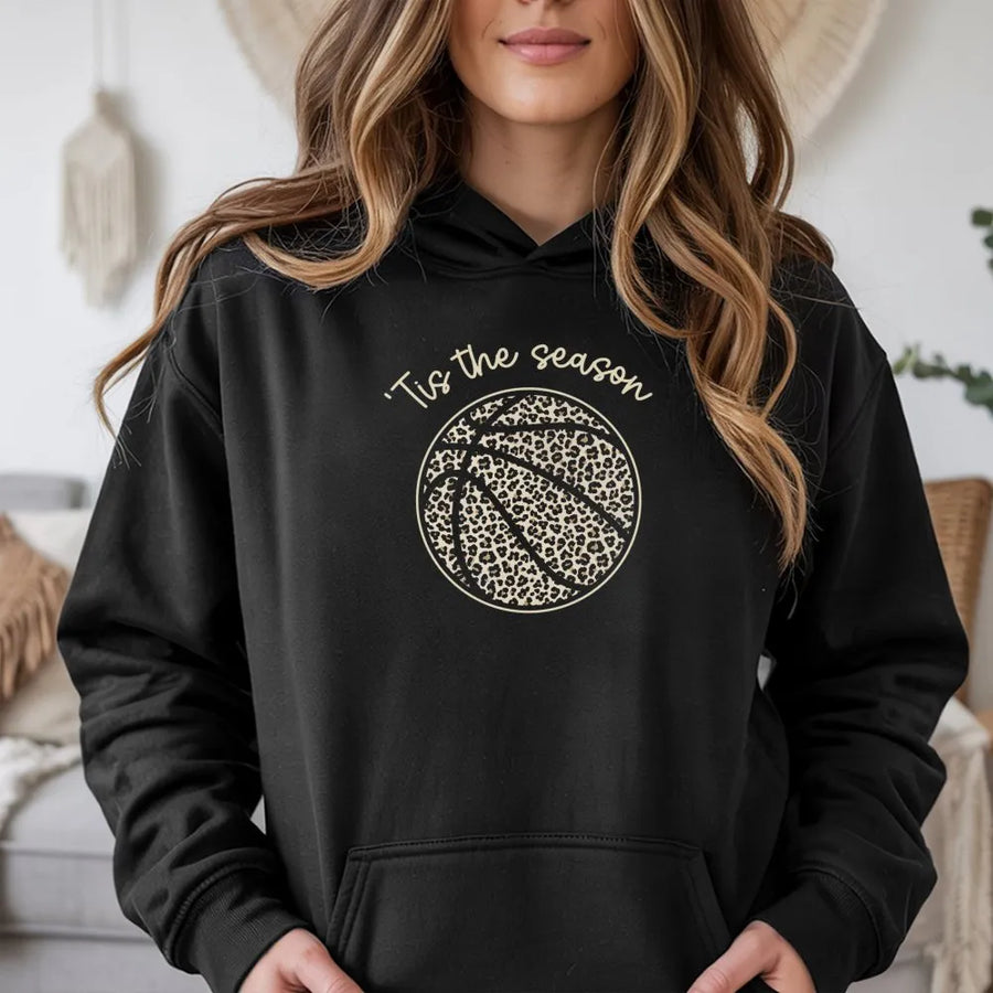 Leopard Print Basketball Hoodie | 'Tis The Season Graphic | Premium Cotton Blend | Gift For Sports Mom and Basketball Fan
