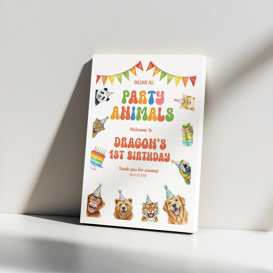 Party Animals Birthday Welcome Sign | Watercolor Jungle & Pet Animals | Premium Canvas Wall Art | Baby's First Birthday Decor Gift