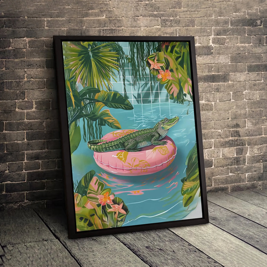 Alligator Wall Art | Tropical Jungle Gator on Pink Pool Float | Premium Canvas Print | Quirky Animal Decor for Living Room or Bathroom