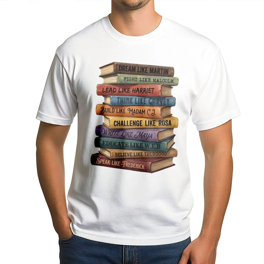 Black History Month Book Stack T-Shirt | Inspirational Leaders Graphic Tee | 100% Cotton Premium Quality | Gift for Educators and Students