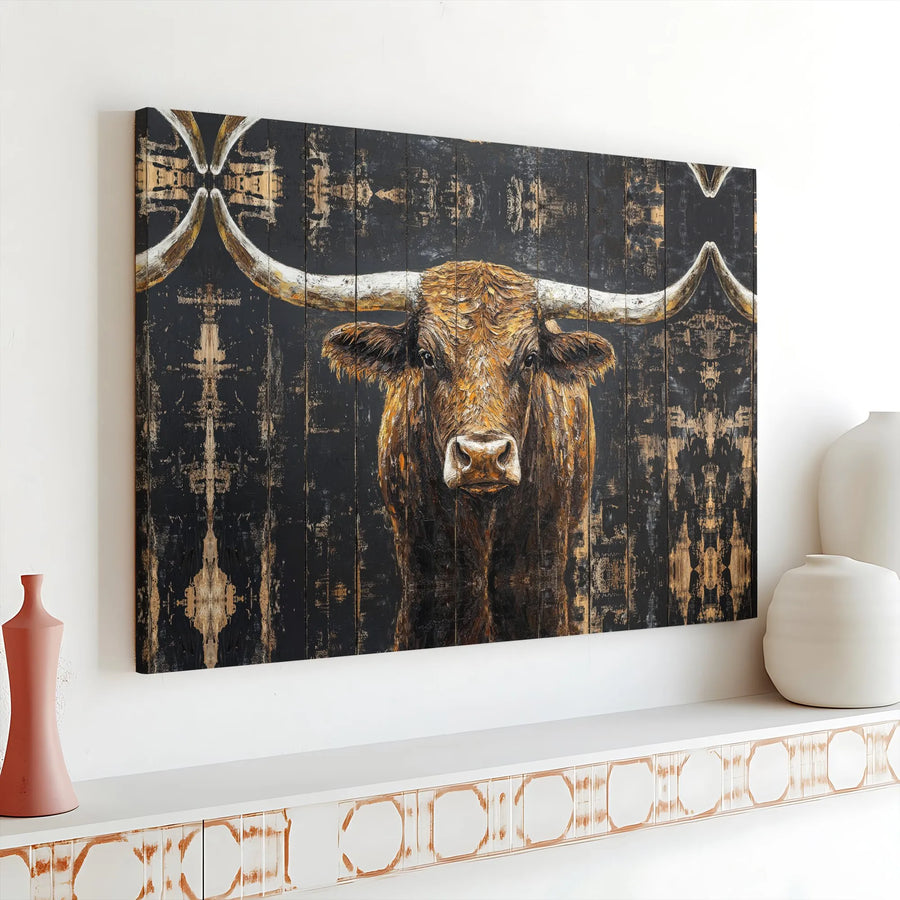 Rustic Texas Longhorn Horizontal Canvas | Western Bull Wall Art in Distressed Oil Painting Style | Premium 1.25-Inch Thick Gallery Wrap | Modern Farmhouse Decor Gift