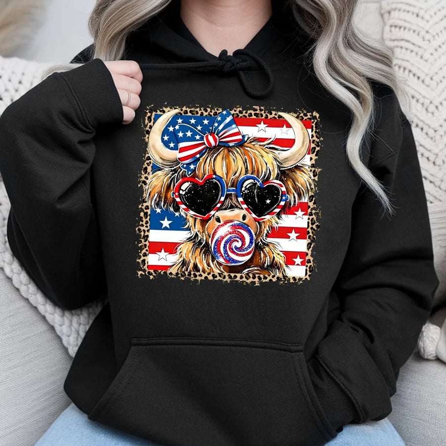 Highland Cow 4th of July Hoodie | Leopard Print American Flag Graphic | Premium Cotton Blend | Patriotic Western Gift for Women