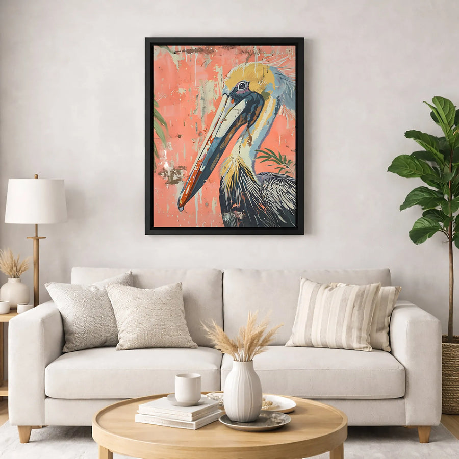 Coastal Pelican Wall Art | Distressed Tropical Bird Print | Premium 1.25" Thick Gallery Canvas | Beach House & Living Room Decor