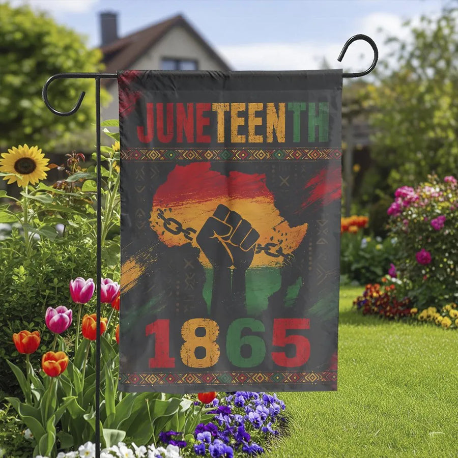 Juneteenth 1865 Garden Flag | Double-Sided African Map & Fist Graphic Yard Banner | Weather-Resistant Premium Polyester | Freedom Day Commemorative Holiday Gift