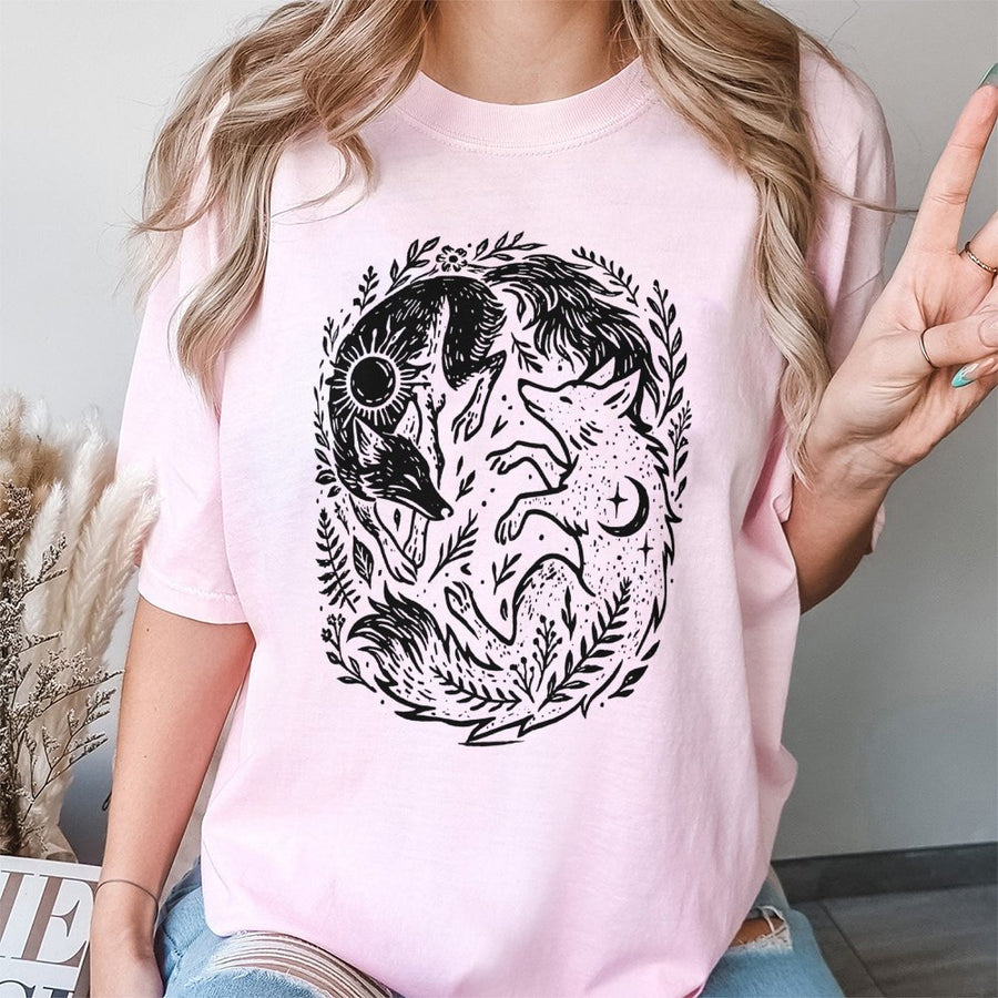 Fox Yin Yang T-Shirt | Celestial Sun and Moon Nature Graphic | 100% Cotton Premium Tee | Mystical Wildlife Gift for Nature Lovers