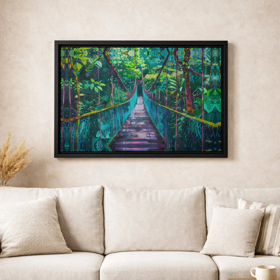 Jungle Suspension Bridge Canvas Wall Art | Vibrant Tropical Forest Landscape | Premium Fade-Resistant Print | Gallery-Quality Home Office Decor