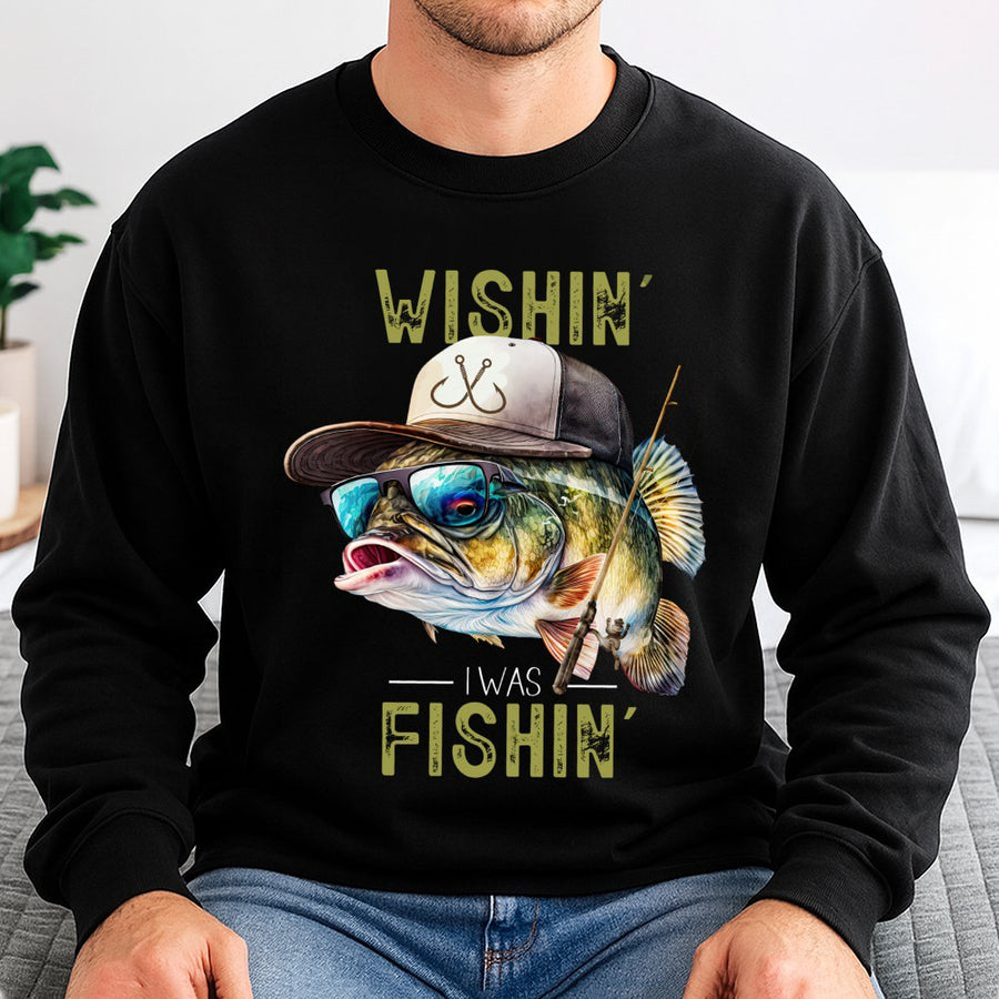 Wishin' I Was Fishin' Sweatshirt | Cool Bass Fishing Graphic | Premium Cotton Blend | Gift for Anglers and Fishing Enthusiasts