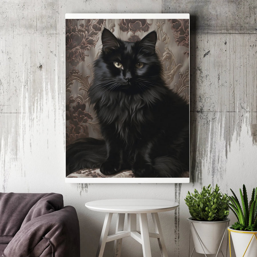 Black Cat Wall Art Print | Elegant Victorian Damask Portrait | Premium Gallery-Wrapped Canvas | Sophisticated Gift for Cat Lovers