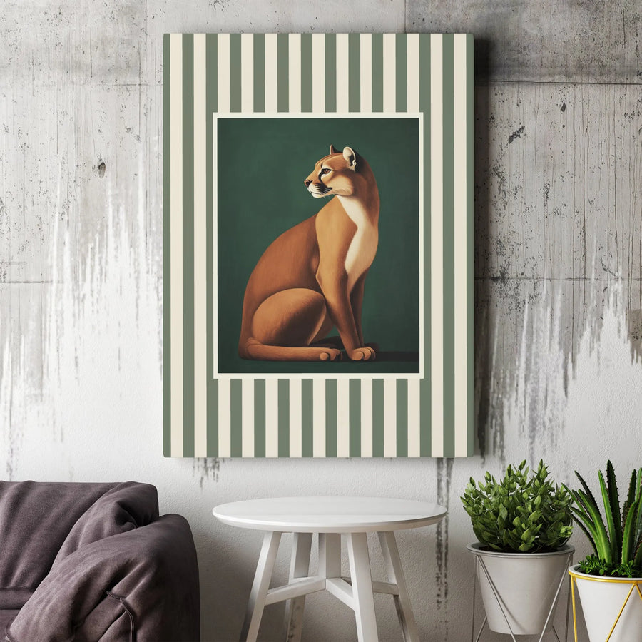 Cougar Portrait Canvas Wall Art | Art Deco Geometric Striped Print | Premium Gallery Wrap Decor | Wildlife Animal Home Decor Gift