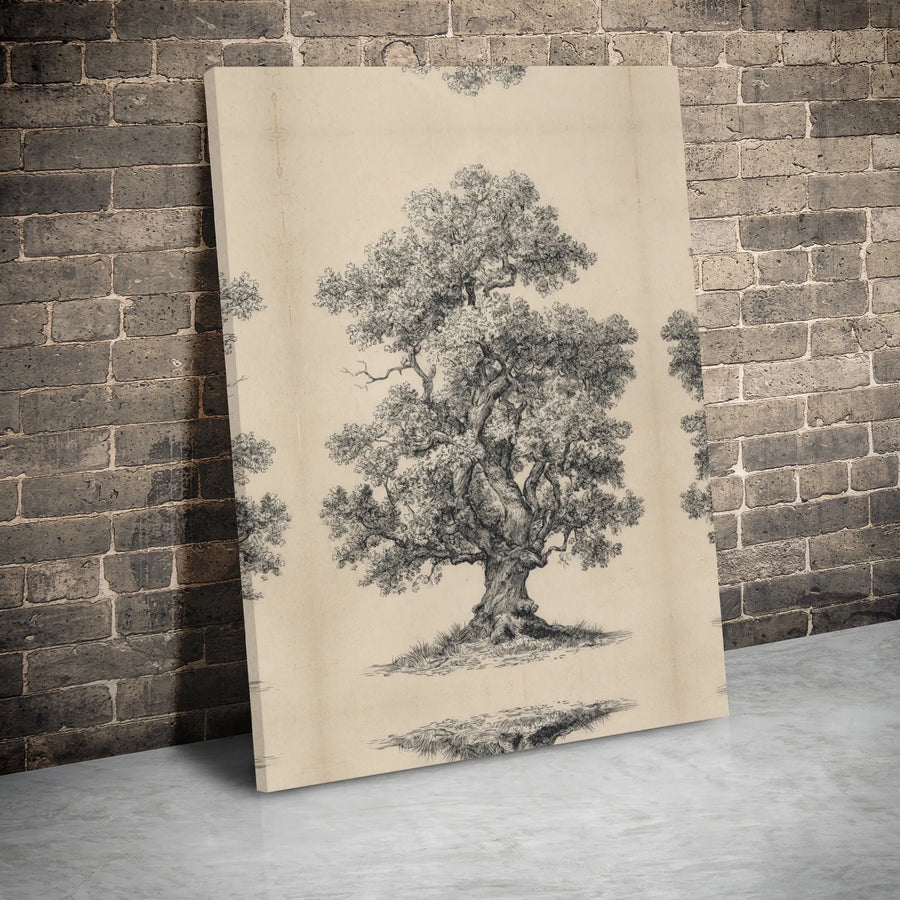 Vintage Oak Tree Canvas Wall Art | Botanical Sketch Illustration | Premium Gallery Wrap Print | Nature Inspired Home Office Decor Gift