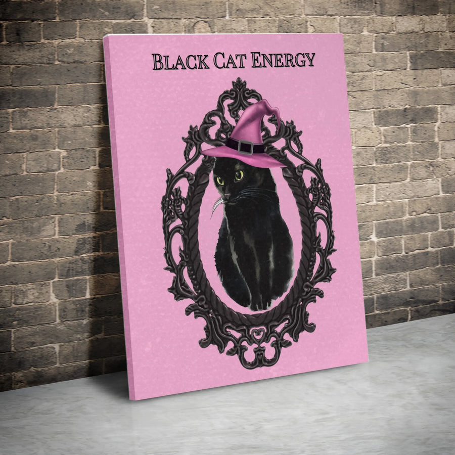Black Cat Energy Canvas Wall Art | Witchy Pink Gothic Home Decor | Premium Gallery Wrap Print | Whimsical Halloween Gift for Cat Lovers