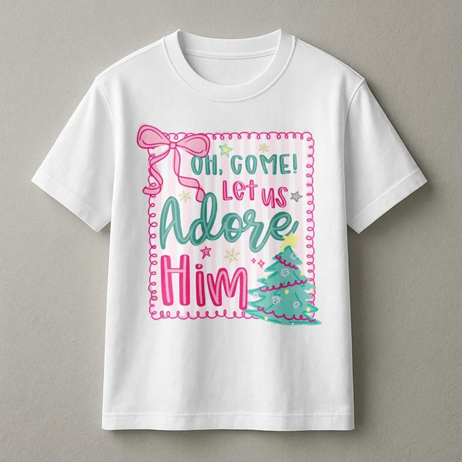 Oh Come Let Us Adore Him T-Shirt | Pink Coquette Aesthetic Christmas Tree Design | Premium Soft Cotton | Christian Faith Holiday Gift For Her