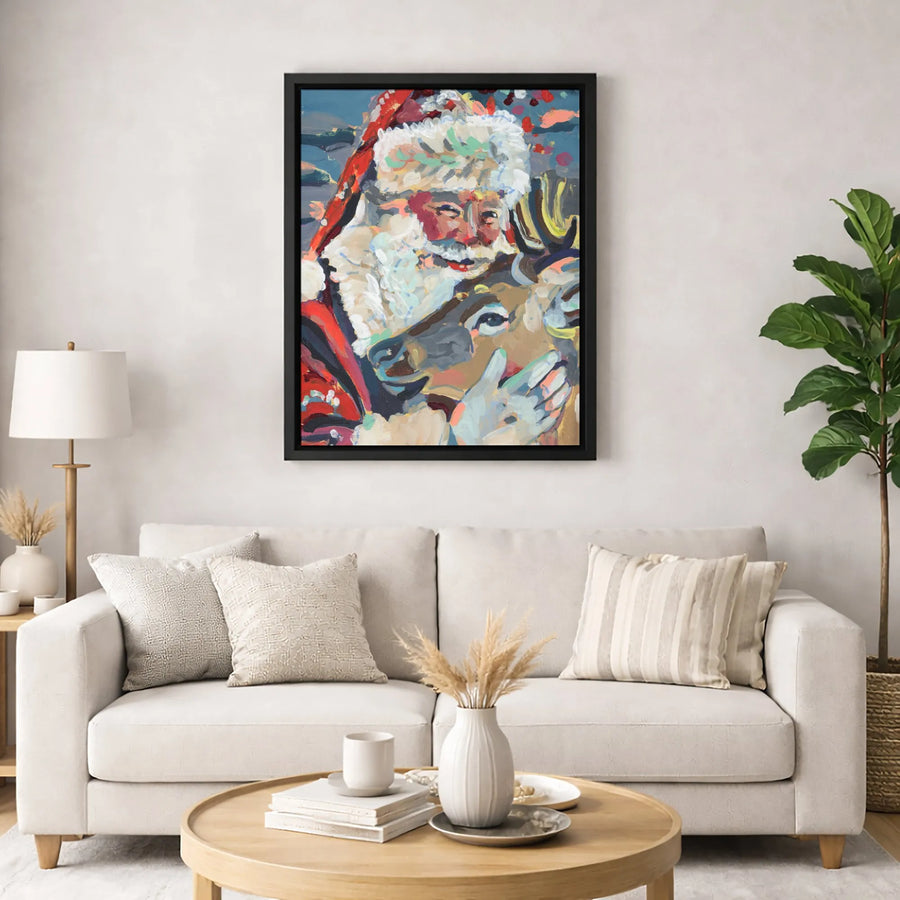 Santa Claus Reindeer Canvas Wall Art | Abstract Holiday Painting | Gallery Wrapped Premium Decor | Festive Christmas Gift for Home
