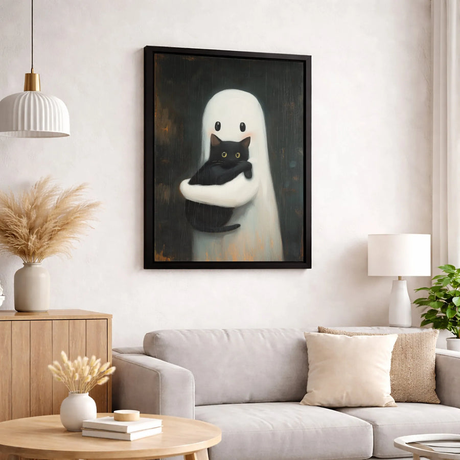 Cute Ghost Holding Black Cat Canvas | Whimsical Spooky Animal Wall Art | Premium Gallery Wrapped | Perfect Halloween Decor Gift