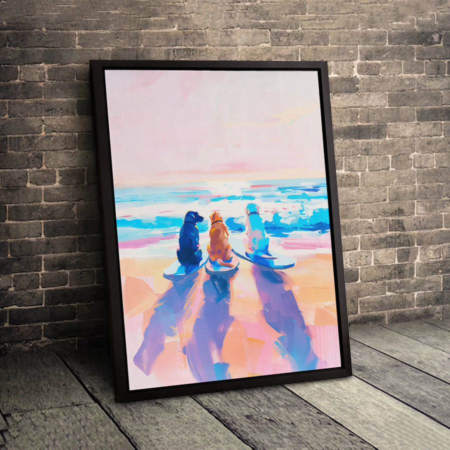 Three Dogs On Surfboards Canvas Art | Beach Impressionist Painting | Premium Gallery-Wrapped Print | Dog Lover Gift For Home Decor