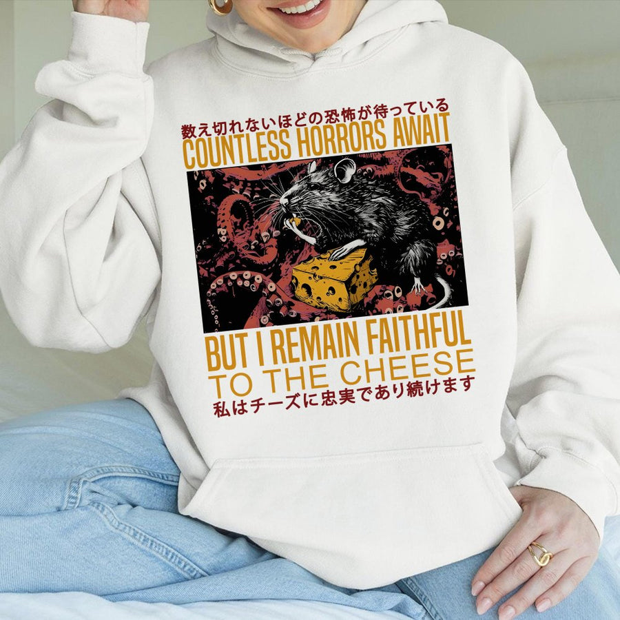 Japanese Horror Rat Hoodie | Funny Cheese Lover Graphic Sweatshirt | Premium Cotton Blend | Quirky Gift for Weird Streetwear Fans