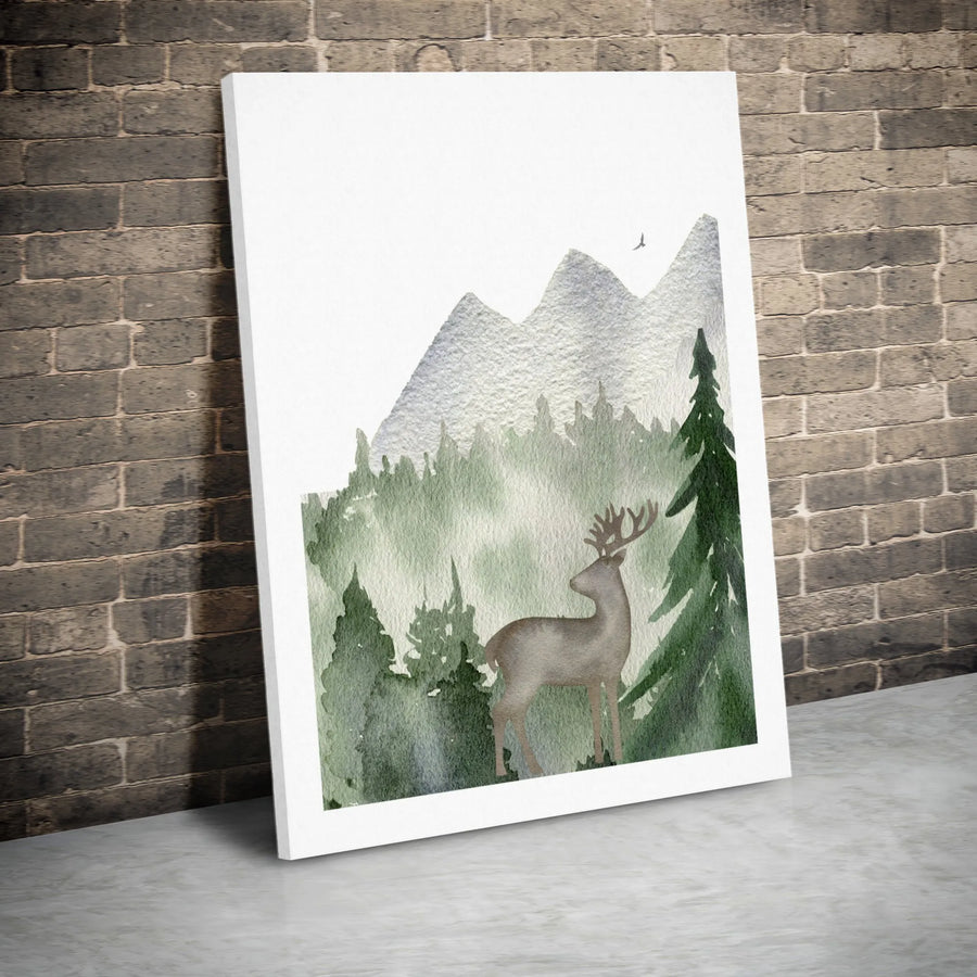 Watercolor Deer Canvas Wall Art | Misty Mountain Pine Forest Landscape | Premium Gallery-Wrapped Print | Nature Lover Gift Home Decor