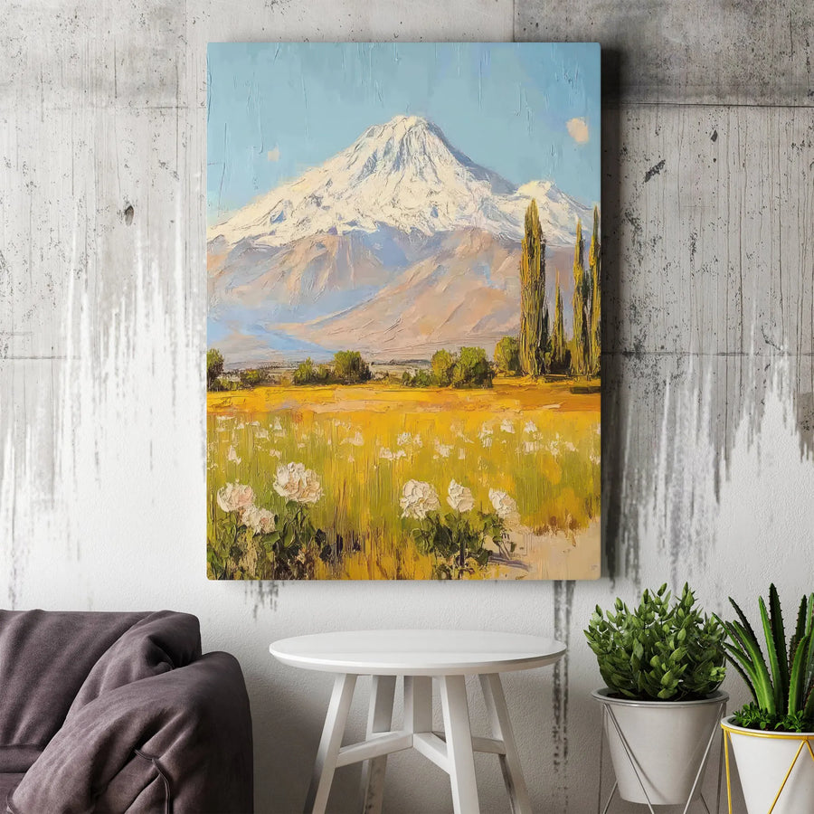 Mount Ararat Canvas Print | Armenian Landscape Painting with White Roses | Premium Gallery Wrapped Canvas | Collector's Gift for Home Decor