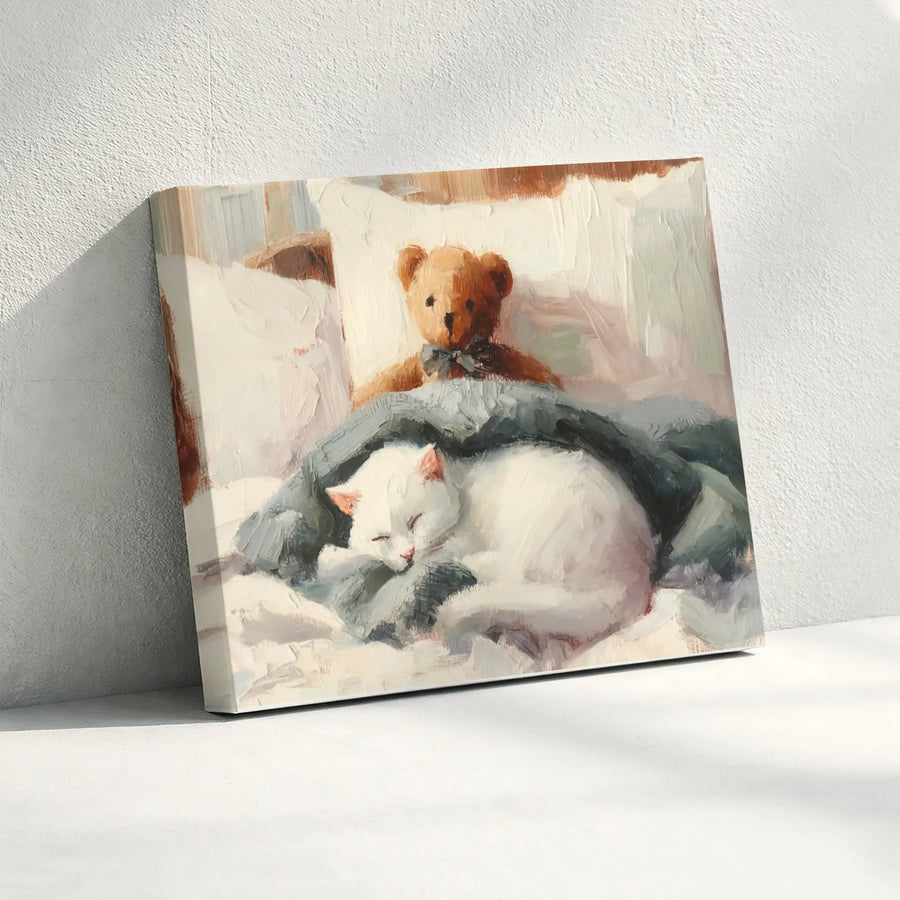 Sleeping White Cat and Teddy Bear Canvas Print | Impressionist Oil Painting Style Art | Premium Gallery-Wrapped Wall Decor | Cozy Bedroom Gift