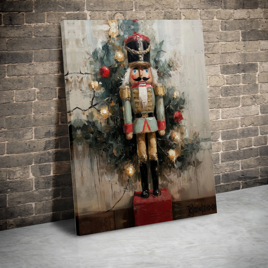 Vintage Nutcracker Canvas Wall Art | Christmas Tree With Warm Lights | Premium Fade-Resistant Gallery Wrap | Festive Holiday Decor Gift