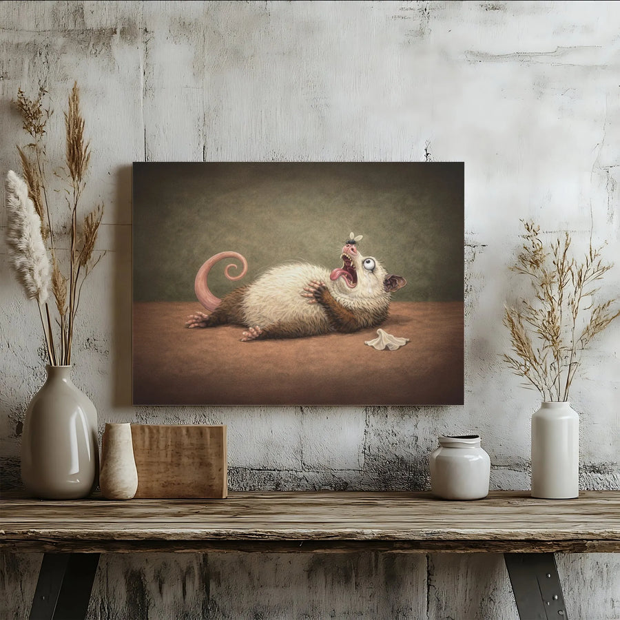 Funny Opossum Wall Art Canvas Print | Humorous Playing Dead Possum Painting | Premium Gallery Wrap | Unique Quirky Home Decor Gift for Animal Lover