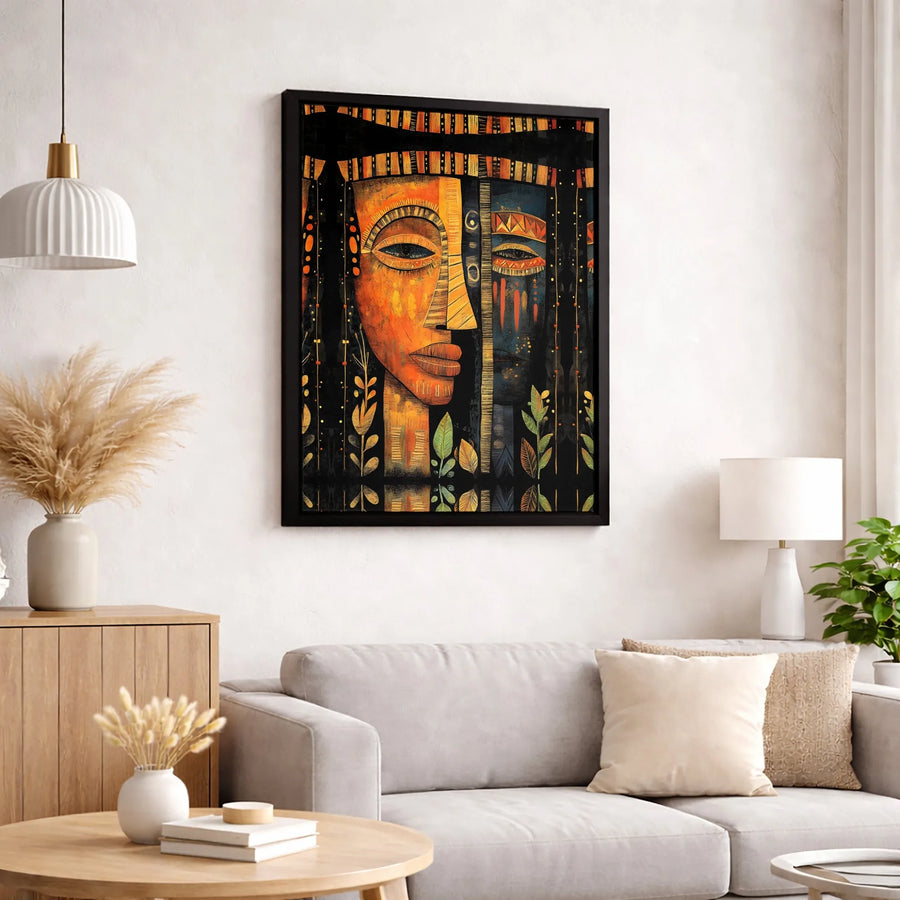 African Tribal Wall Art | Abstract Split-Face Portrait Canvas | Premium Fade-Resistant Print | Cultural Home Decor Gift